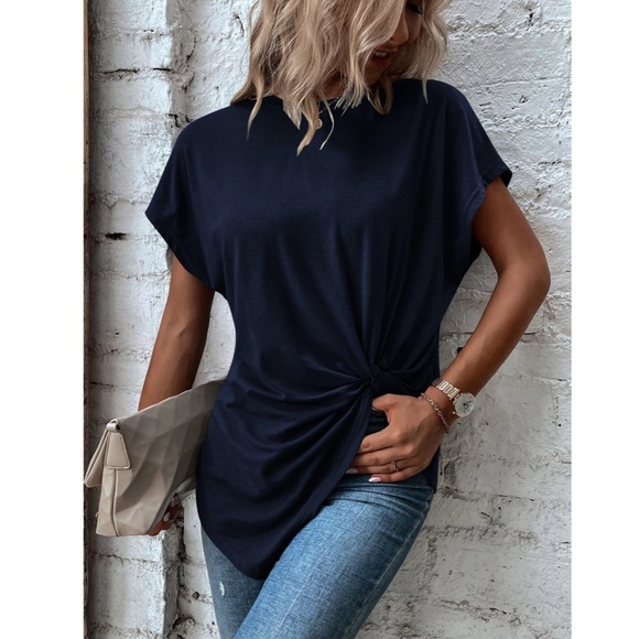 Twist Detail Blue Tee Shirt Short Sleeve Round Neck - Picture 6 of 12
